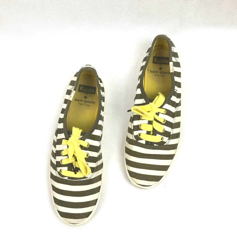 KEDS KATE SPADE Women's Size 6 Stripes Yellow Laced Sneakers Shoes Olive White